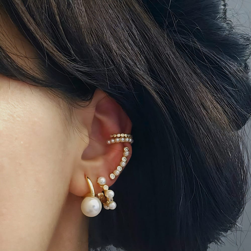 Divina Pearl Huggie Hoops view 2