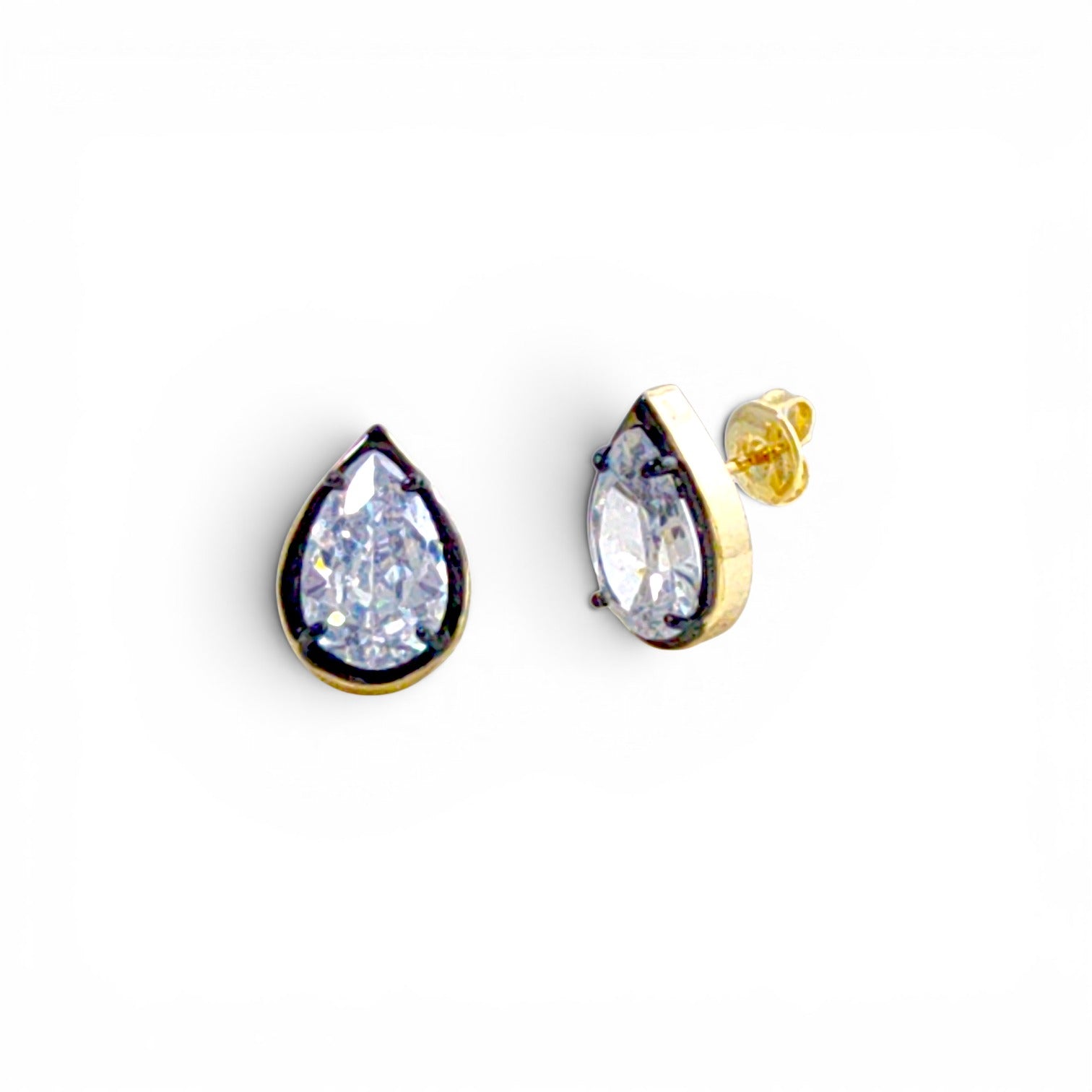 Venezia Pear Cut Bezel Pavé Studs in Gold and Black - 18K Gold Plated Wholesale Jewelry